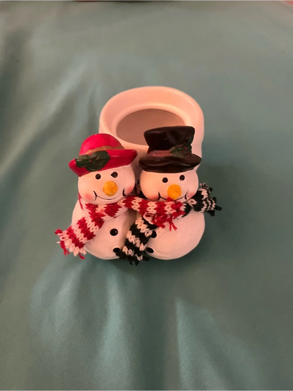 Double Snowman Ceramic Candle Holder - White with Red & Black Scarves